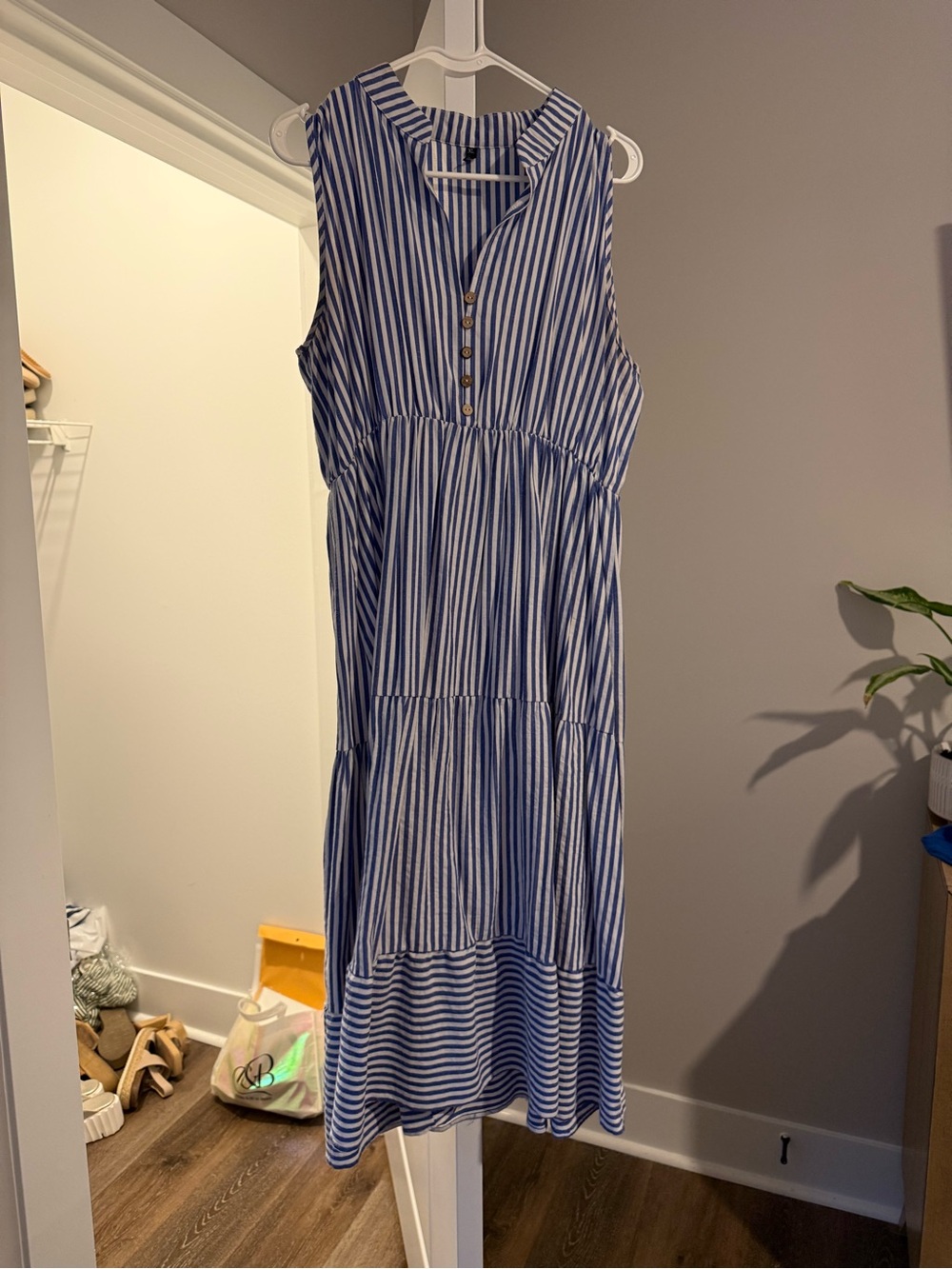 Blue and White Striped Sleeveless Midi Dress
